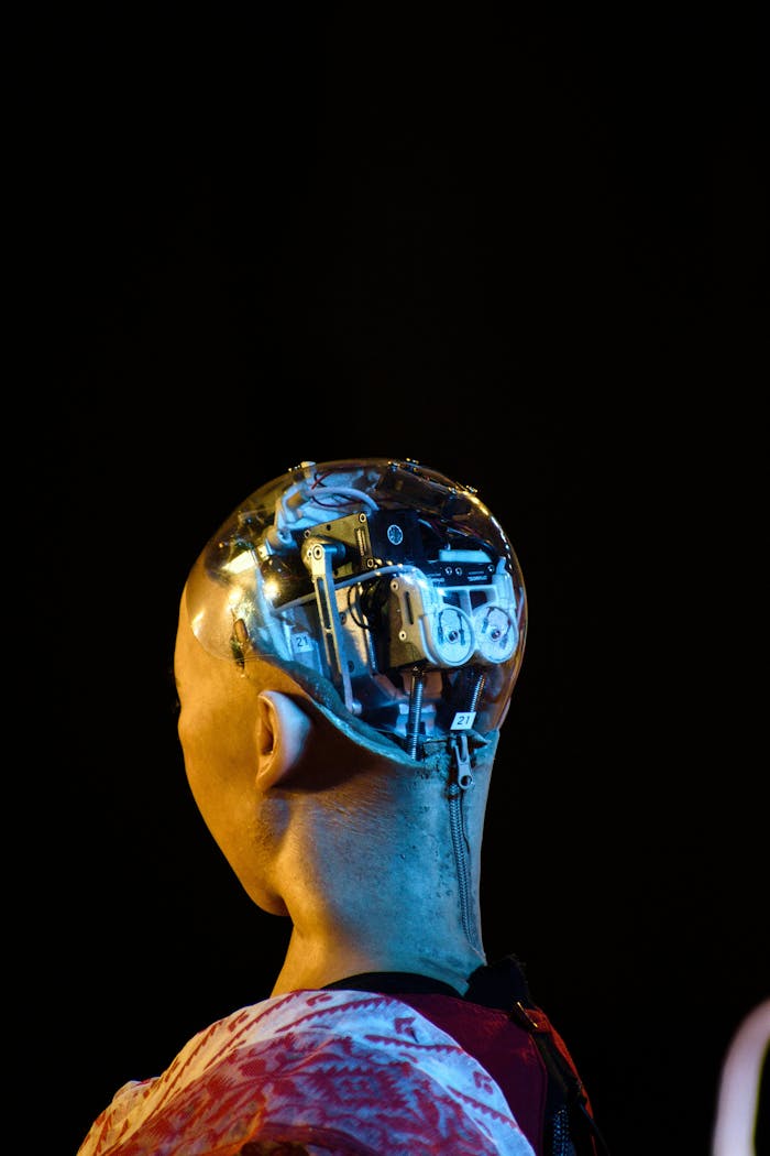 A close-up shot of a humanoid robot's head showcasing advanced technology and robotics.